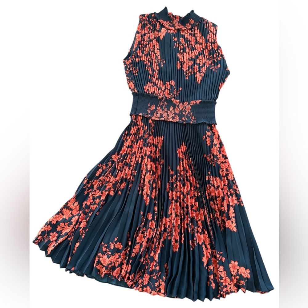 Nanette Lepore Navy and Coral Floral Pleated Dress Size 8